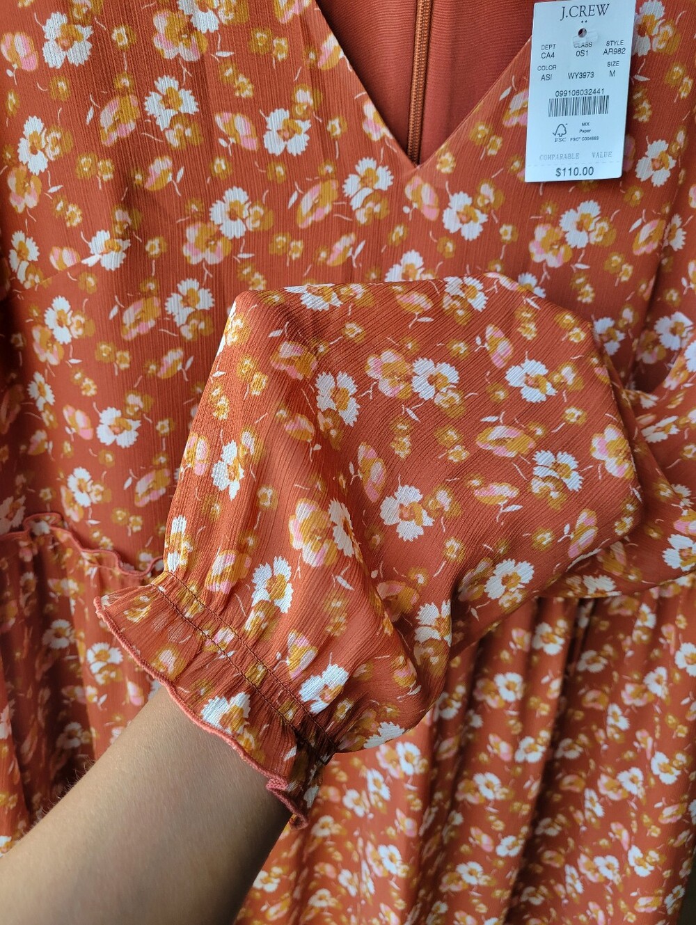 J. Crew Crinkle Midi flounce Women's Orange White Dress Zip Lined MSRP $110 New - Picture 6 of 13
